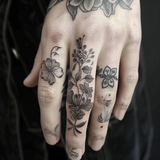 Ring finger tattoos with botanical details