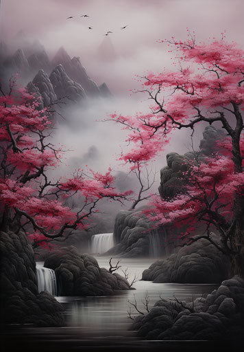 Chinese art painting, photo-realistic landscapes in dark pink and dark gray