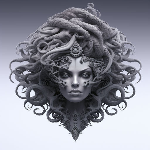 Medusa face in black and white, 2D game art style, tattoo, sculpted forms, mist, colorful realism, scientific illustrations