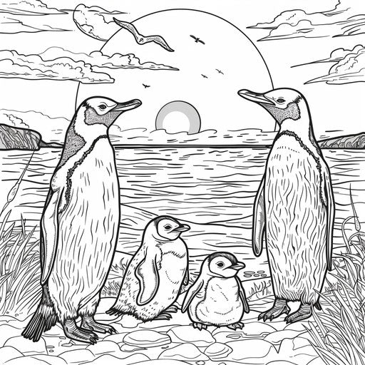 Penguin family under a sunset by the sea