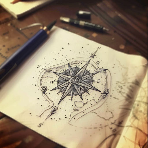 Bold tattoo sketch of the North Star with compass and map
