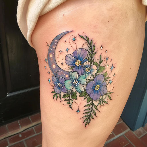 Wildflower tattoo with crescent moon, night sky elements, soft blues and purples