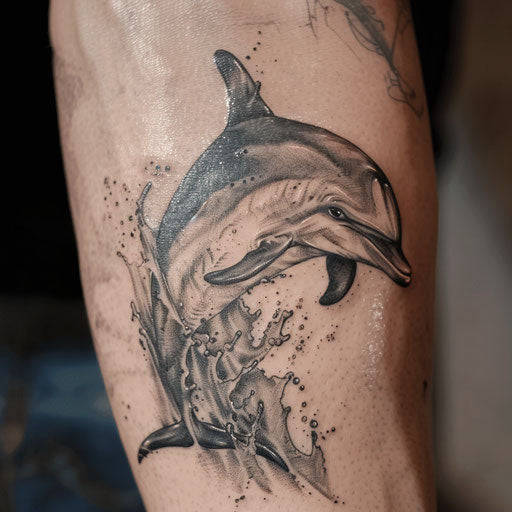 Realistic grey dolphin tattoo leaping out of the water