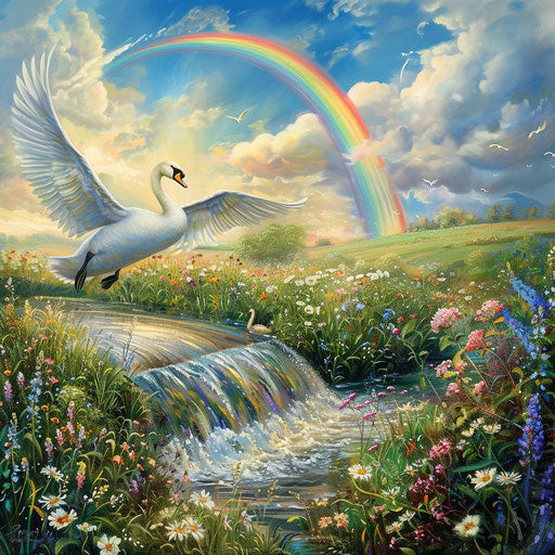 Swan taking flight from babbling brook in lush meadow