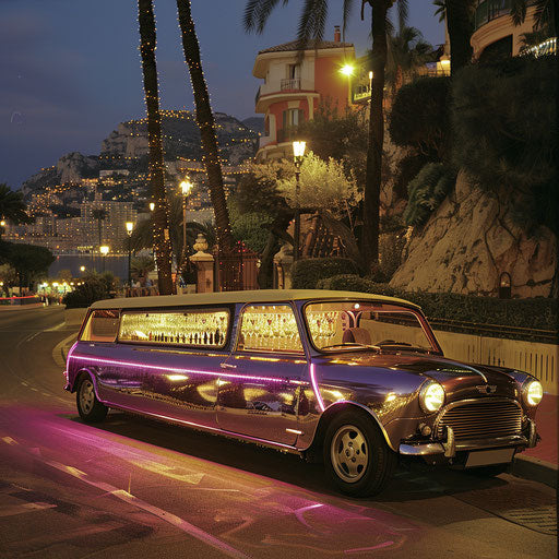 Luxurious 1980 Mini Cooper limousine with champagne bar, gliding through Monaco streets at night