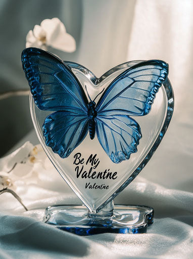 Blue butterfly on heart-shaped glass base