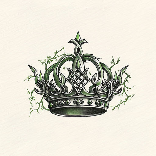 Queen crown tattoo design in a Celtic style with knotwork and green accents