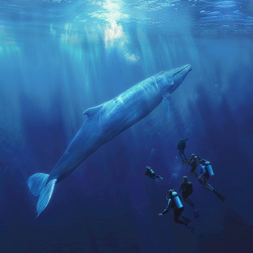 A peaceful encounter between a blue whale and curious scuba divers in the vast openness of the Indian Ocean