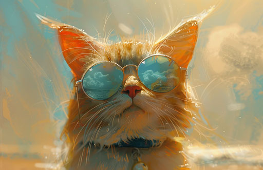 Cat with sunglasses on the beach, futurist influences, heatwave