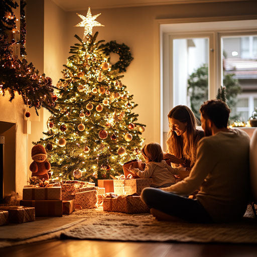 Cozy living room decorated for Christmas, family unwrapping gifts by tree