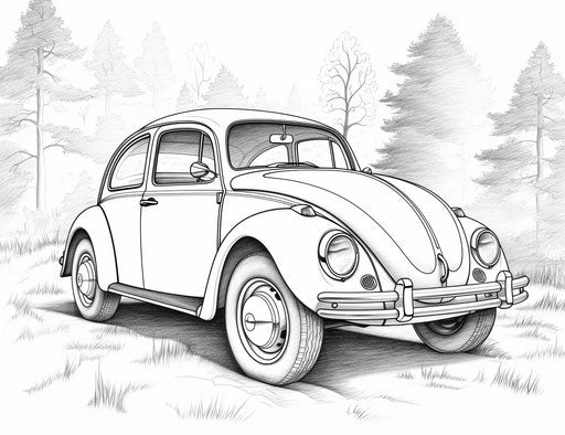 Children's Coloring: Cute Beetles and Car Pages