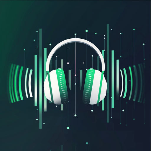 Audio logo in green and white with a modern background