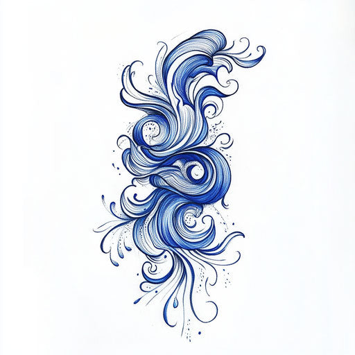Beautiful inner thigh tattoo with abstract wave pattern in blue ink