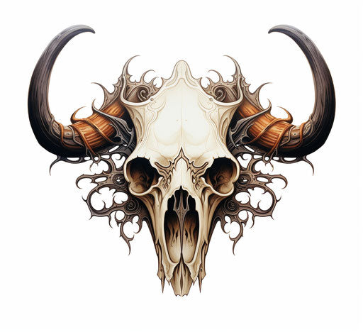 Cow horn tattoo on white background, skull motifs