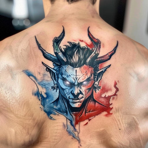 Ice and fire themed devil tattoo