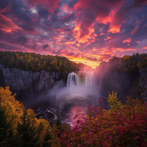 Montmorency Falls, Quebec, at sunrise with vibrant colors