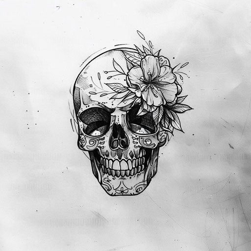 Contemporary flat tattoo sketch of a Calavera with minimalist black and white contrasts