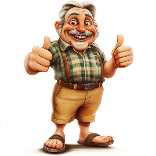 Humorous caricature of a happy father's day clipart with human characteristics, exaggerated expressive eyes, toe feet, checkered, vibrant colors, cartoon style, thumbs up, high resolution, isolated