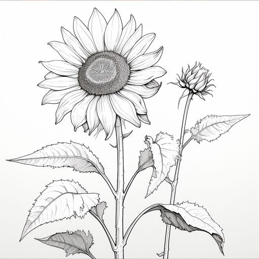Coloring page of a sunflower in minimalist black and white sketch