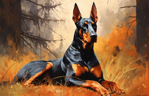 Doberman sitting in grass, light orange and dark black style, masculine 17:11