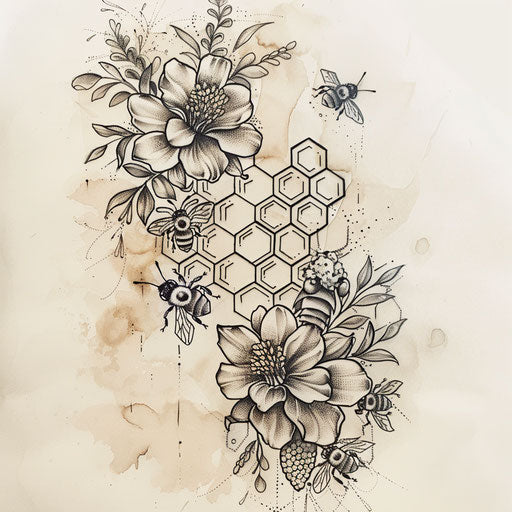 Intricate flat tattoo sketch with hexagons arranged in a honeycomb with bees
