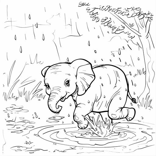 Baby elephant splashing in a puddle on a rainy day