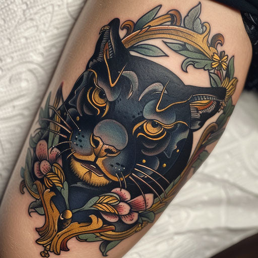 Neo-traditional panther tattoo with rich colors and gold