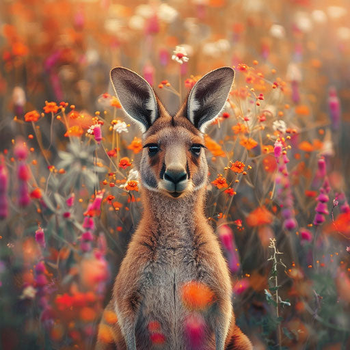 Red kangaroo surrounded by colorful blooming desert flowers