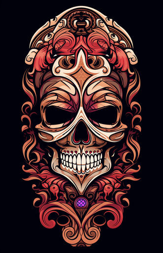 Tribal skull or ethnic ornament tribal tattoo, in the style of John McKinstry, UHD image, Indonesian art, Maori art, eye-catching detail, elongated, light pink and dark brown 83:128