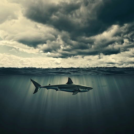 Great white shark in calm sea under stormy sky