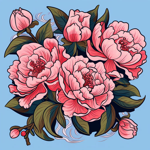Peony tattoo design with flowers and leaves in cartoon style