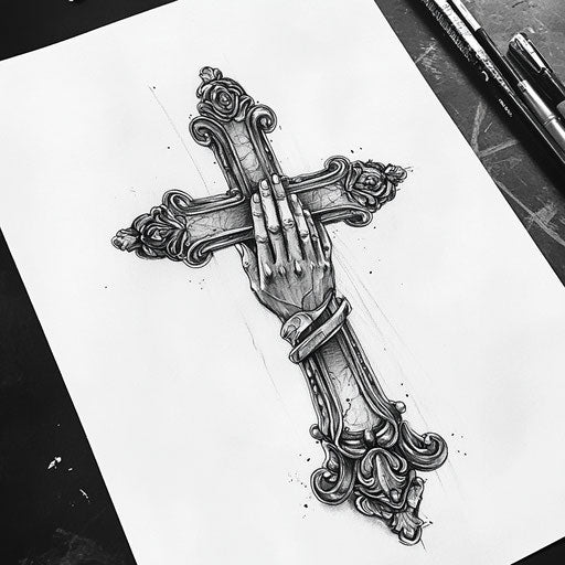 Cross tattoo with praying hand, grisaille style, matte drawing