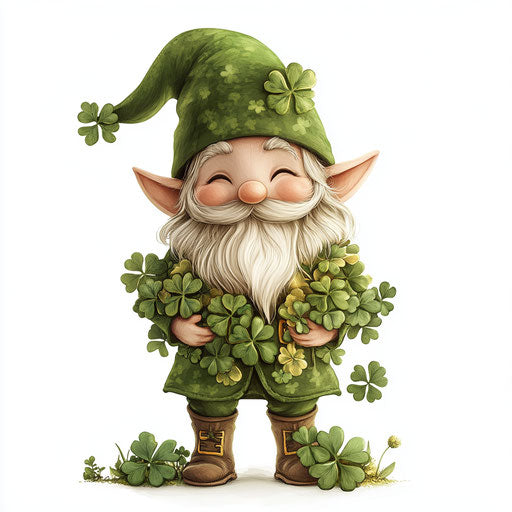 St Patricks day, gnome with clover and gold-filled hat