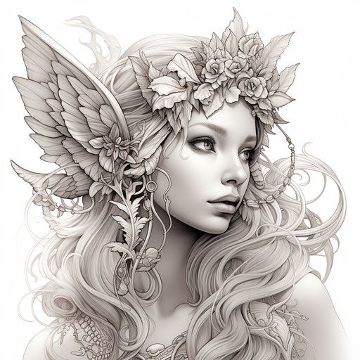 The fairy coloring page, highly realistic style