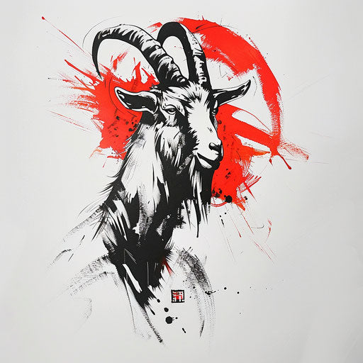 Goat tattoo inspired by art, on white background
