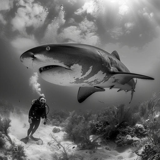 Elegance of a tiger shark in front of a curious diver