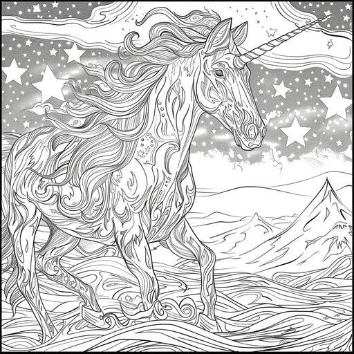Mystical unicorn in a starry night sky. Coloring book page