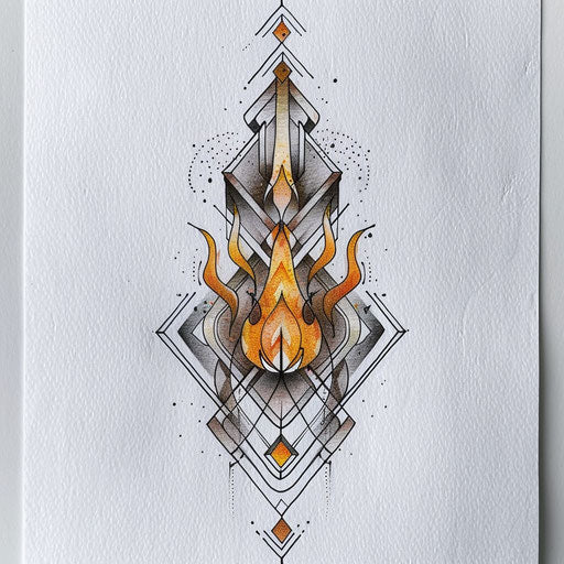 Flame tattoo design with geometric patterns and gold-silver accents on white background
