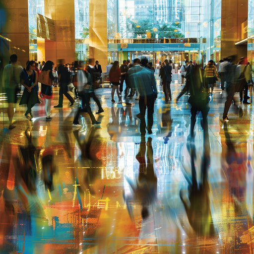 The hustle of a bustling corporate lobby
