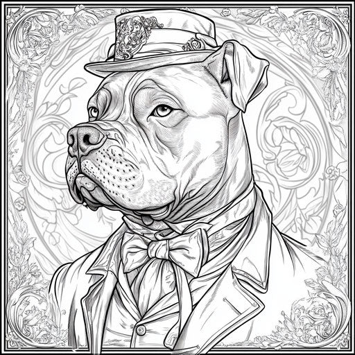 Victorian pitbull illustration with intricate designs in style of Mark Schultz