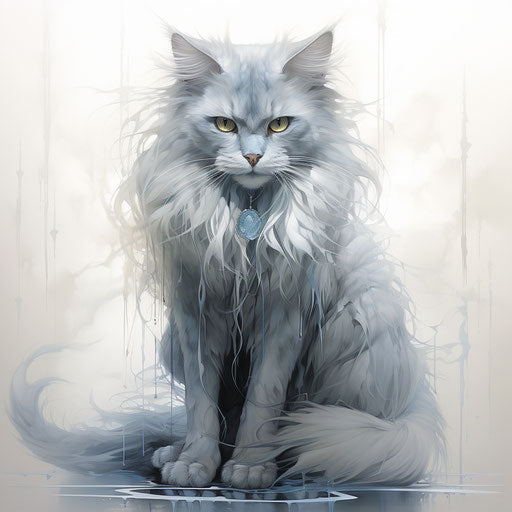 Grey and white cat sitting on the ground, realistic yet ethereal style, exaggerated caricatures, mallgoth silver and azure, can't believe how beautiful, mist, elaborate