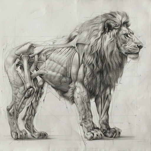 Detailed anatomical study of a lion, showcasing its muscular structure