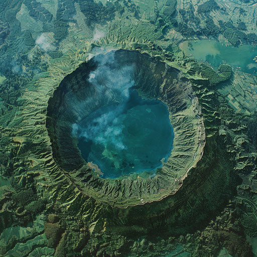 Aerial view of Mount Batur's crater and surrounding forests