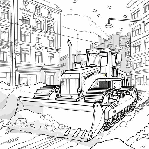 Snow clearance on a city street in winter. Coloring book page