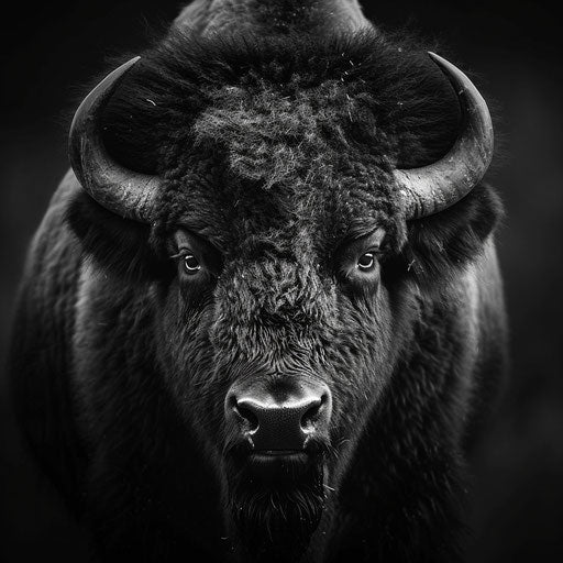 Buffalo in black and white with a dramatic composition in the style of Laurent Baheux