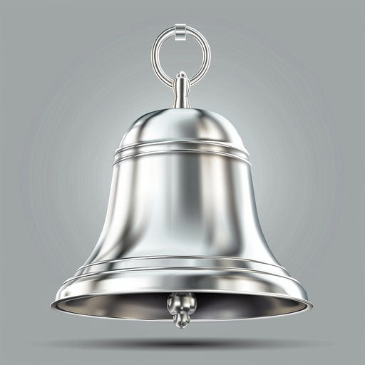 Metallic silver bell clipart on flat background, glossy