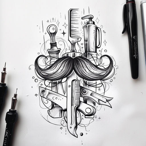 Whimsical flat tattoo sketch of a mustache styled with barber tools