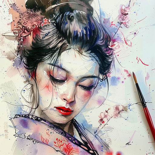 Watercolor painting of a geisha tattoo, soft pastel colors