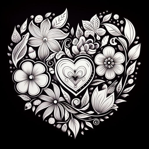 Adult coloring page with hearts and floral patterns