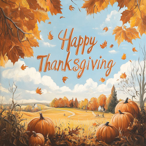 Picturesque autumn landscape with golden leaves and pumpkins